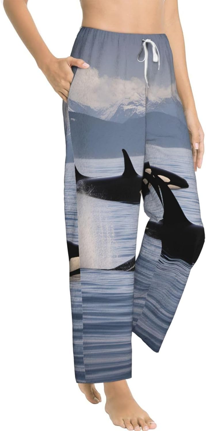 Killer Whales Swim Along Print Fashion Cozy Womens Flannel Pajama Pants,Perfect For Christmas And Everyday Wear