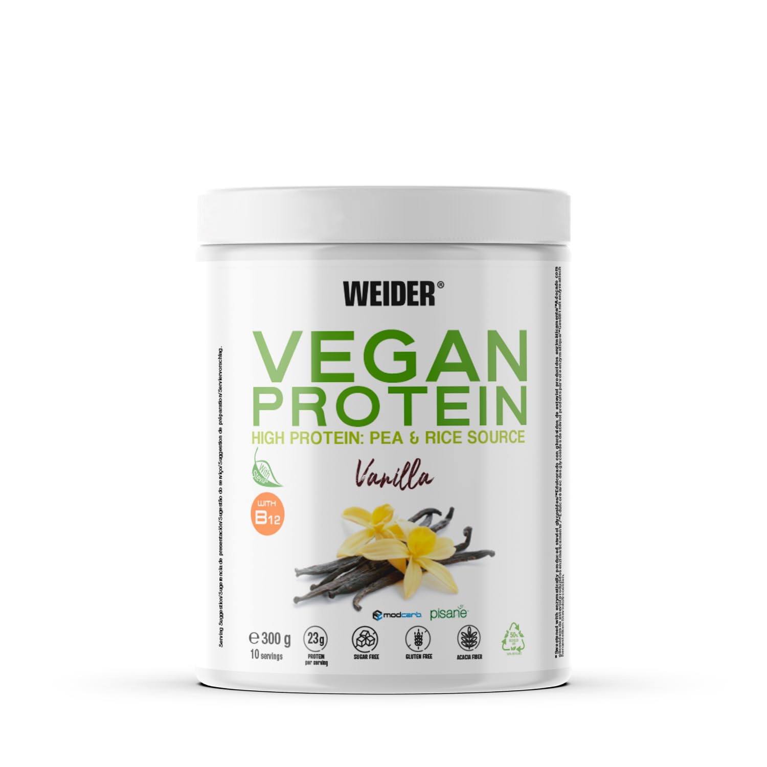 Weider Vegan Protein (300g) Vanilla Flavour. 23g Protein/dose, Pea Isolate (Pisane) & Rice Protein. with Vitamin B12 & Stevia. Gluten Free, Sugar Free. Packaging 50% Recycled 100% Recyclable