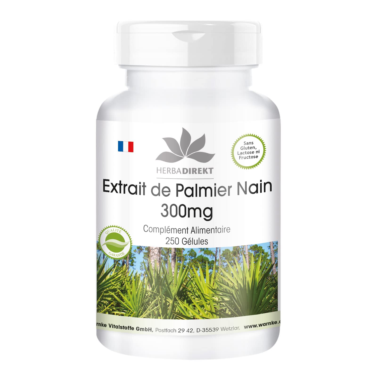 Extrait de palmier nain 300mg - avec bêta-sitostérol - grand emballage - 250 gélules | Herba Direkt - Qualité des pharmacies allemandes