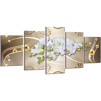 Visario Canvas Picture Orchids Gold Beads Abstract Beige 200 x 100 cm 5-Piece Direct Print on Canvas with Wooden Frame Wall P