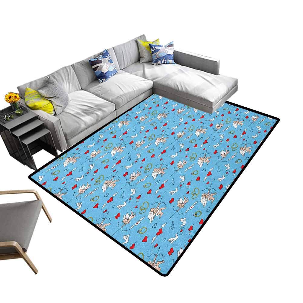 Angel Rug Pad Romantic Love Mythological Eros with Arrows Hearts Marriage Engagement Rings Non-Slip Doormat Carpet Blue Red White (5'7"x6'6")