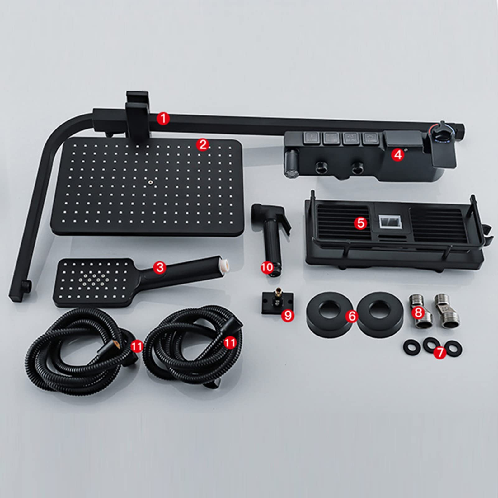 Sistema Doccia Nero con Display Digitale, Set Rubinetto termostatico, Miscelatore in Ottone con soffione a Pioggia, doccetta, doccetta Bidet, beccuccio Vasca, Altezza Doccia Regola