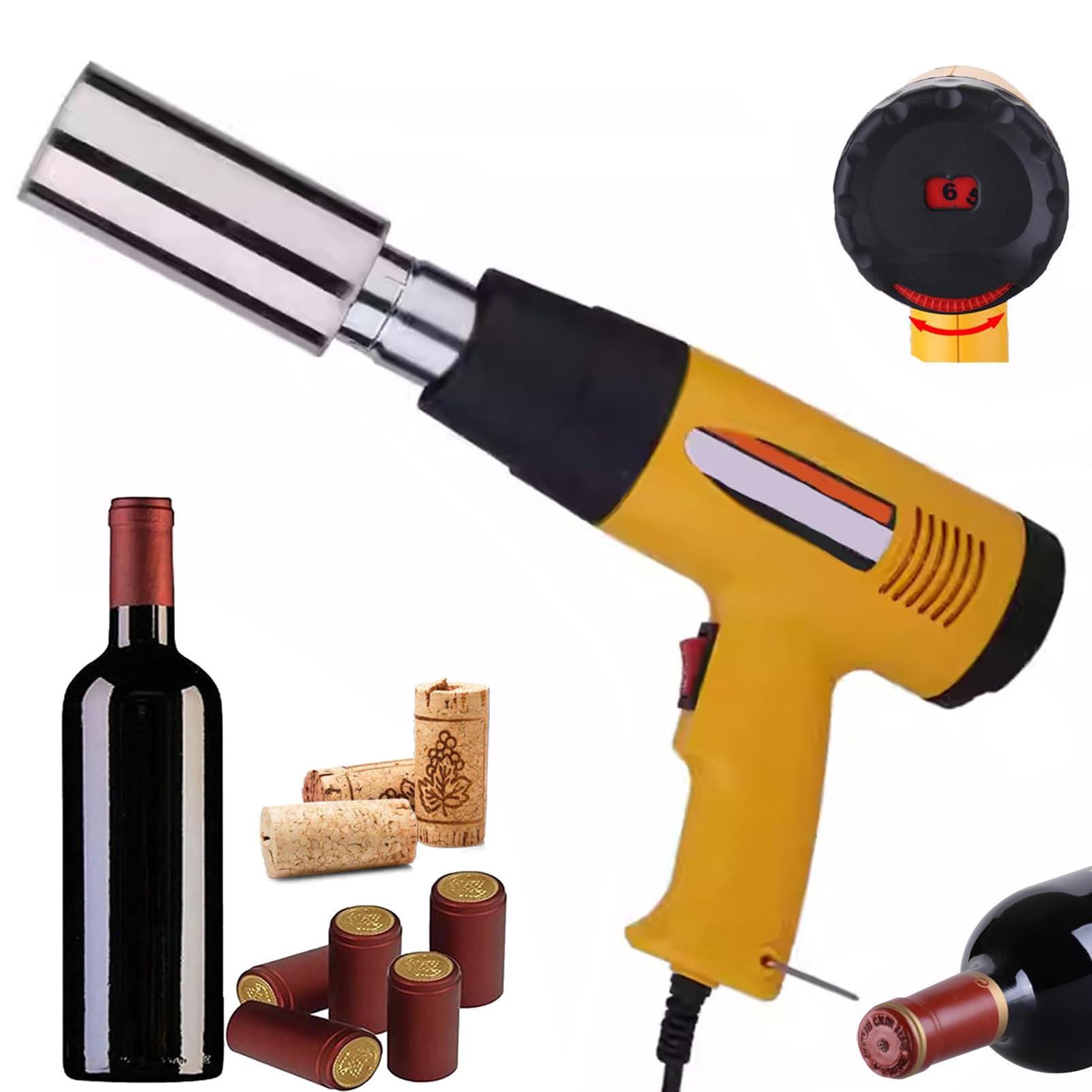 YXYLJOZ Pvc Capsule Heat Shrinker 1500w Wine Bottle Cap Sealer, 45mm Handheld Shrink Gun, 9-level 50–550℃ Adjustable Temperature, For Pvc Pp Pof Wine Capsules