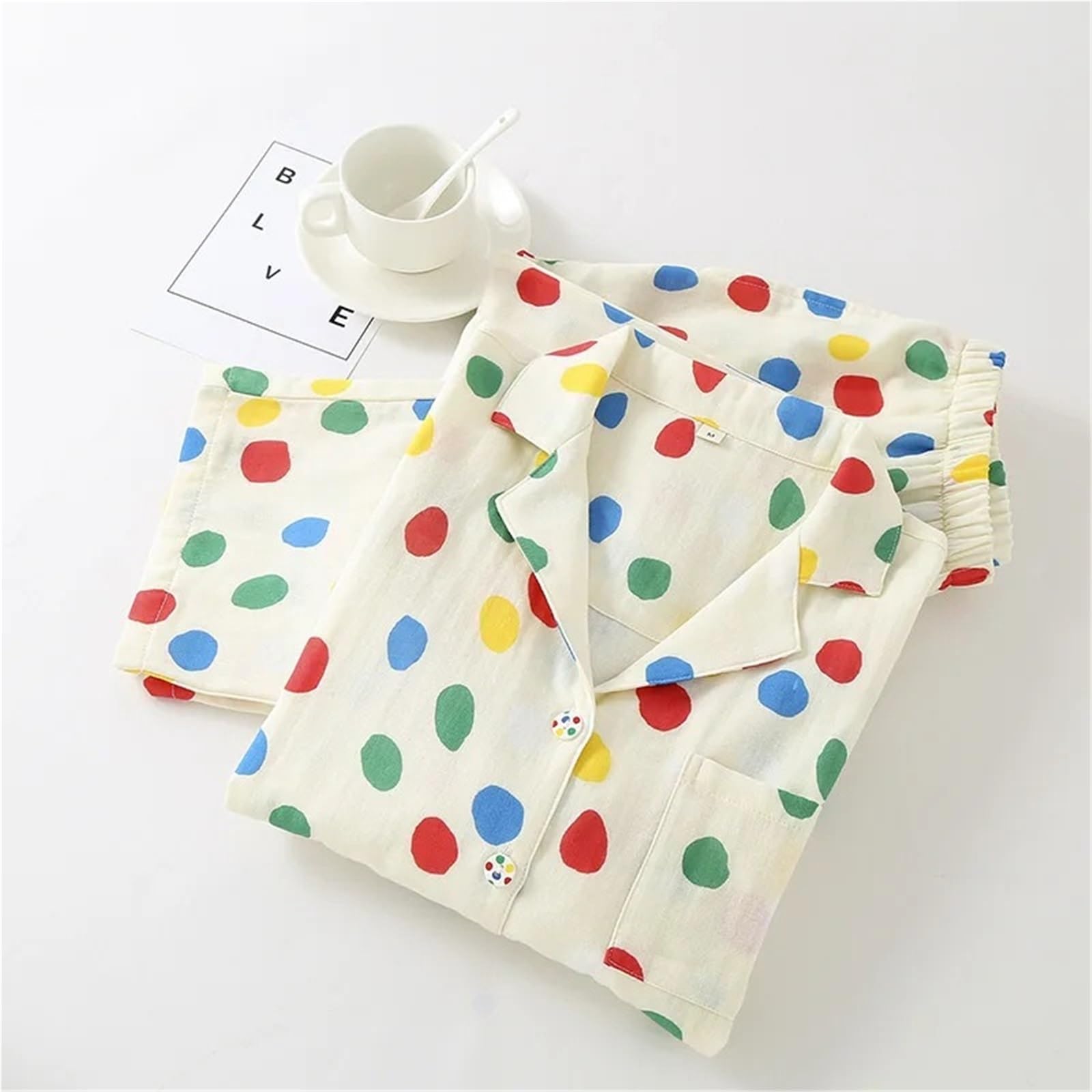 Pijamas de Gasa Doble algodón for Mujer, Ropa Descanso con Cuello Vuelto y Lunares Colores, Pantalones Finos Manga Larga, Conjuntos 2 Piezas para Descanso en casa