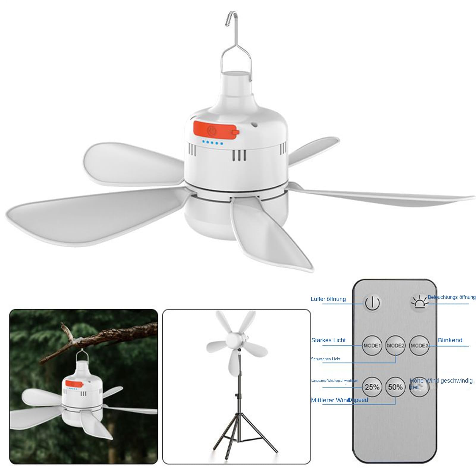 Luckxing Camping Deckenventilator, Zelt Deckenventilatoren Terrasse Deckenventilator mit Licht und Fernbedienung, Einstellbare Geschwindigkeit, wiederaufladbare Kühler für Wohnmobile, Camping