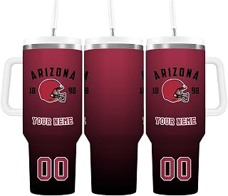 Personalized 40oz Football Team Name&Number Insulated Stainless Steel Tumbler Cup with White Handle,Multi Lids,Straw,Double Wall Water Bottle Vacuum Mug Birthday Gift for Sports Coach(Arizona-Lid-2)
