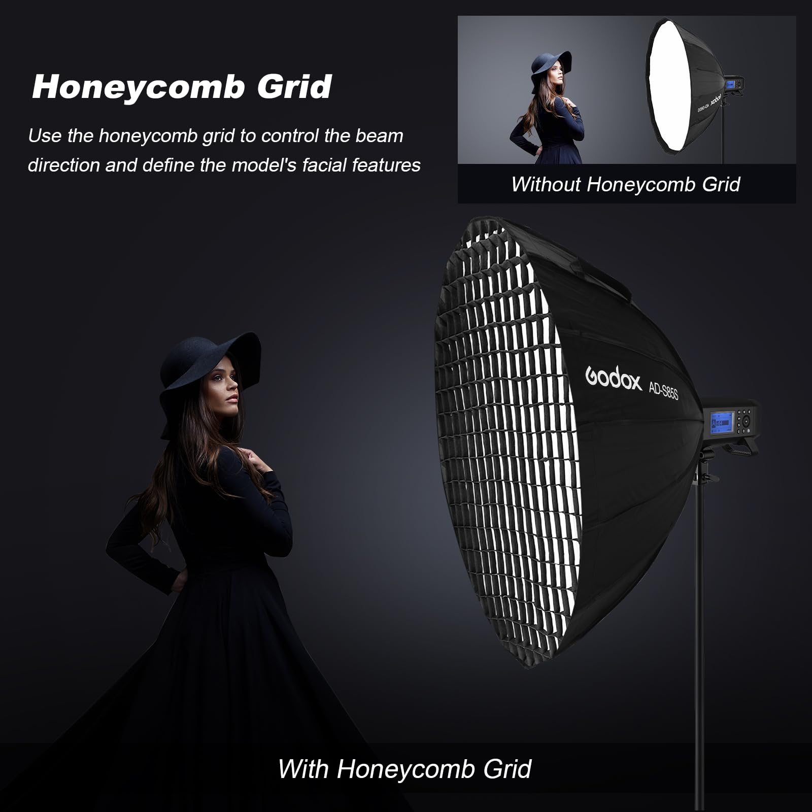Godox AD-S85S Godox Mount Softbox 85 cm Boîte à lumière avec grille diffuseurs réflecteurs Sac de transport pour flash stroboscopique AD400 Pro AD300 Pro et ML100bi ML100RGB ML60 ML60Bi ML60II Bi ML30