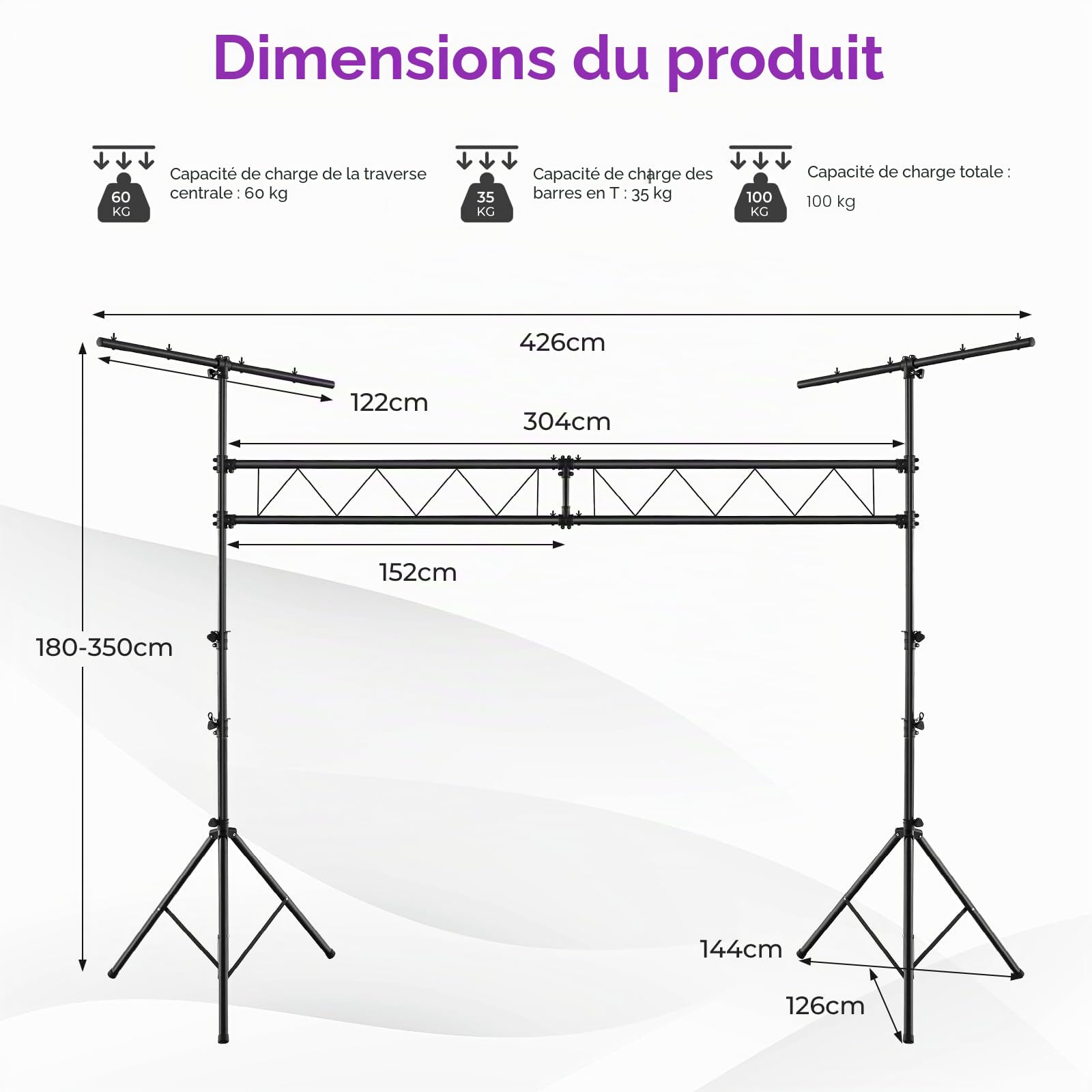 SOARS Trépied Lumière DJ, Hauteur Réglable de 180 à 350 CM, Support d’Éclairage en Métal avec 32 Points de Fixation, Charge Maximale 100 KG, Pieds Stable, pour Spectacles, Concerts