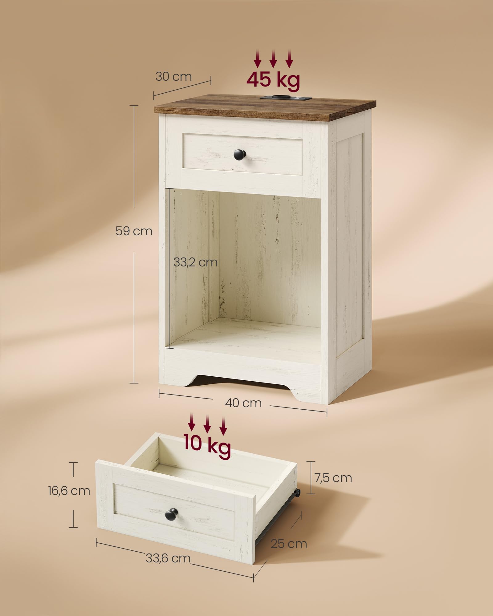 VASAGLE Table de Chevet en Bois avec Station de Charge, Table de Nuit avec Ports USB et 1 Tiroir, 40 x 30 x 59 cm, Blanc Nuage et Brun Chaud, Style Champêtre, Collection Siren LET628WJ01