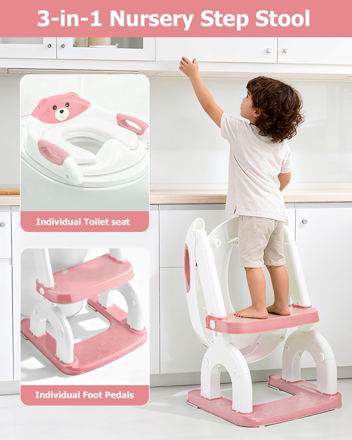 Sedile WC per bambini, pieghevole, regolabile in altezza, rosa, 1-6 anni | Sedile WC per bambini 2 in 1, regolabile in altezza, pieghevole, con sedile imbottito, pedana stabile e antiscivolo
