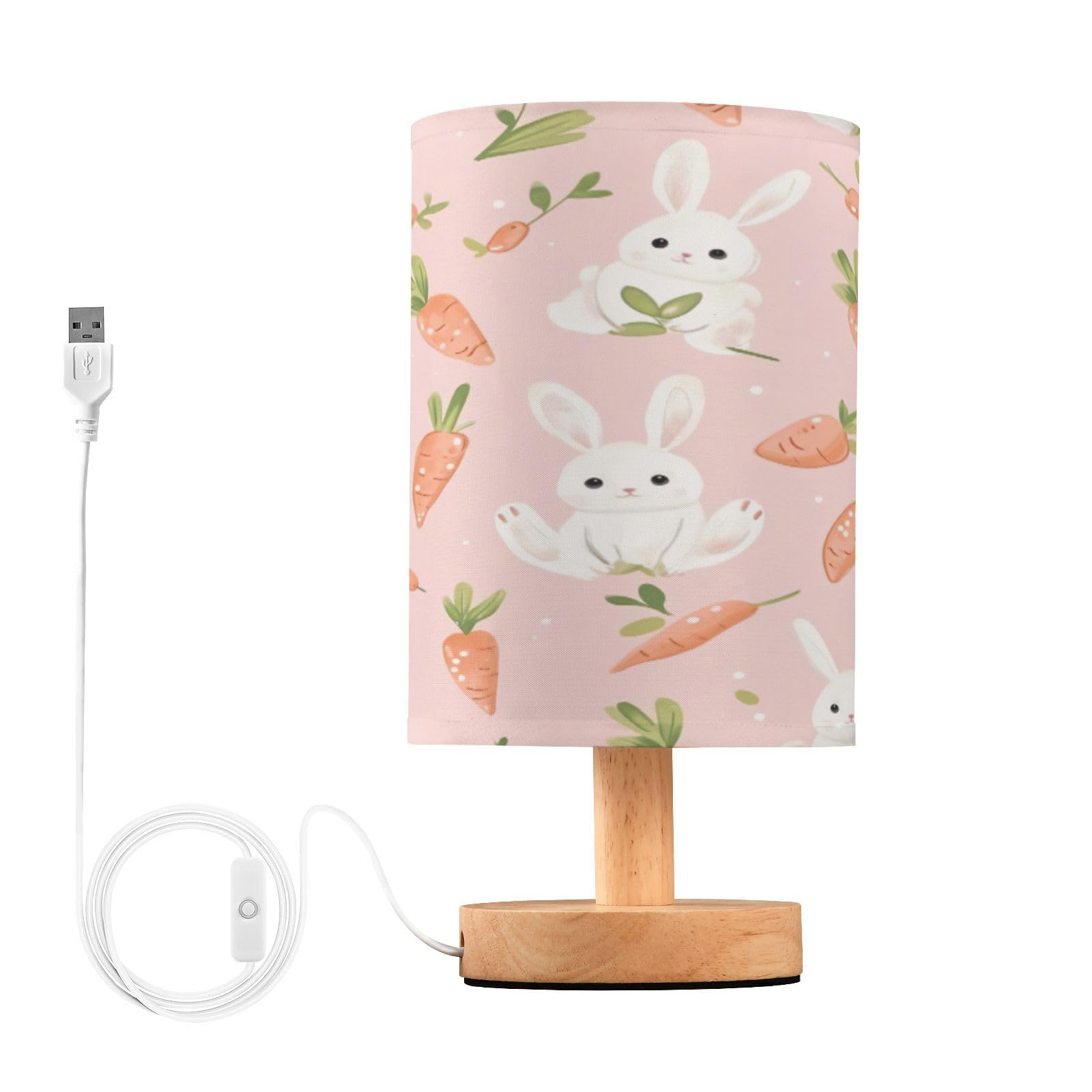 SDMKA Cute Bunnies with Carrots Bedside Table Lamp for Bedroom, Minimalist Nightstand Lamp with Round Fabric Shade for Living Room, Office, No Bulb Required
