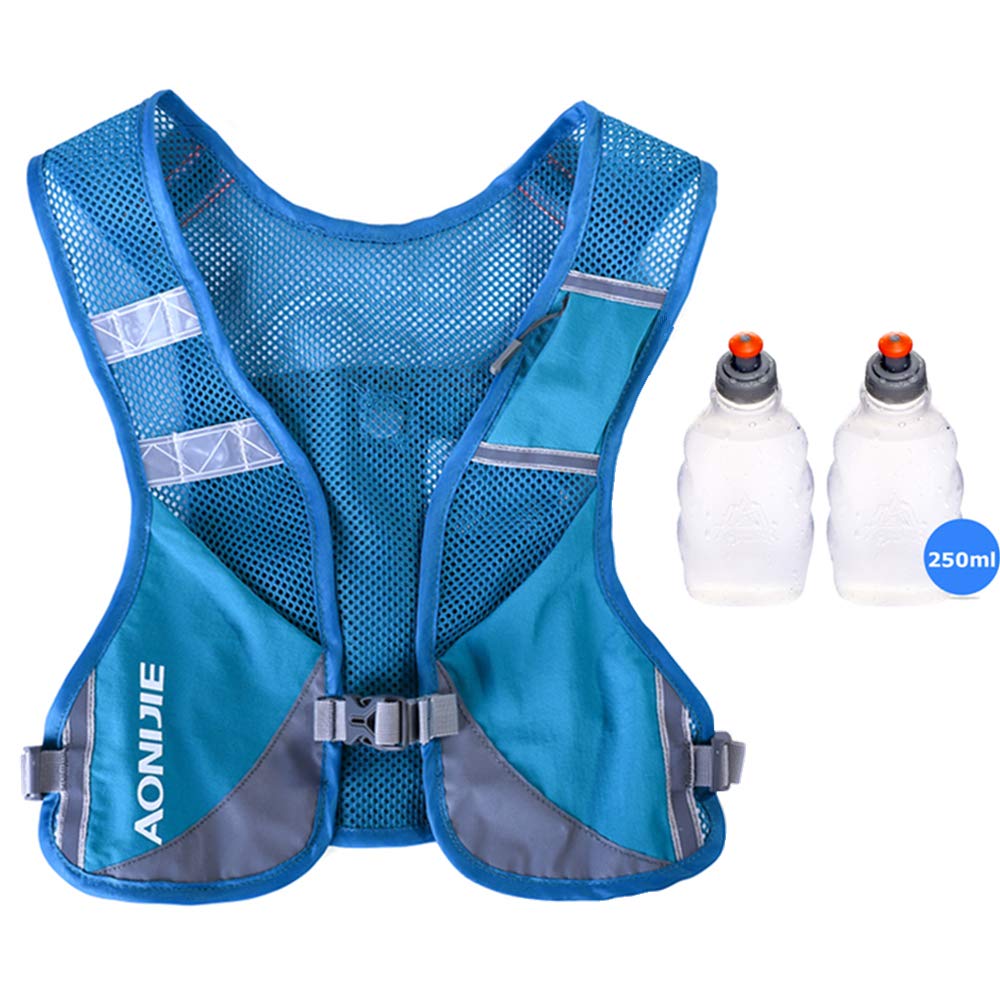 AONIJIE Men Women Ultralight Running Vest Pack Reflective Breathable Hydration Backpack for Hiking Camping Marathon Cycling Race (Blue - with 2 pcs