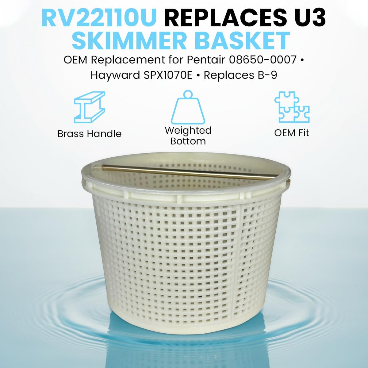 RV22110U Heavy‑Duty Pool Skimmer Basket – Compatible with Pentair U‑3  Skimmer Basket 08650‑0007 & Hayward  SPX1070E – 8″ Top, 6.5″ Height, 6.75″ Bottom – Made in USA Built-in Brass Handle & Weight