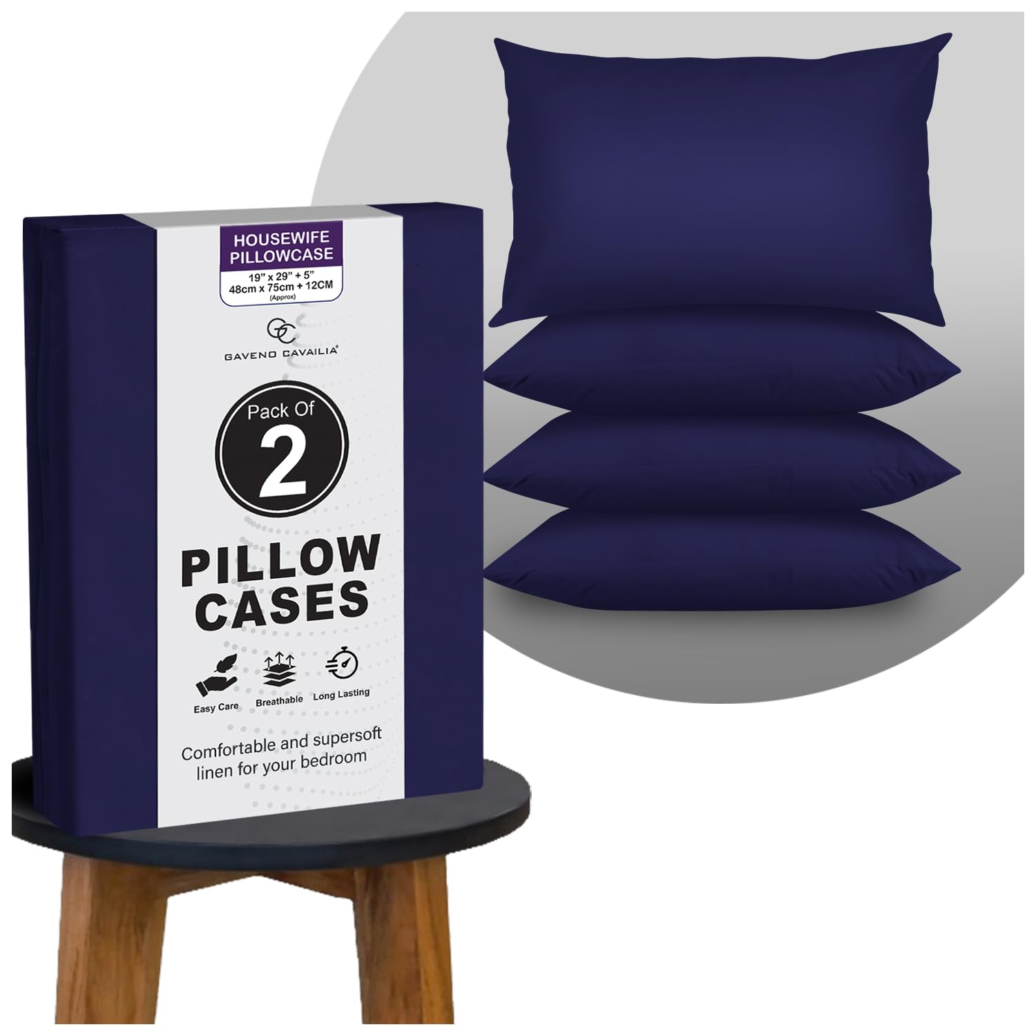 GC GAVENO CAVAILIA Plain Pillow Cases 2 Pack | Breathable, Wrinkle, Soft Touch Polycotton Bedding Pillowcases | Hotel Quality Hypoallergenic Pillow Covers Envelope Closure 74x48 Cm, Navy
