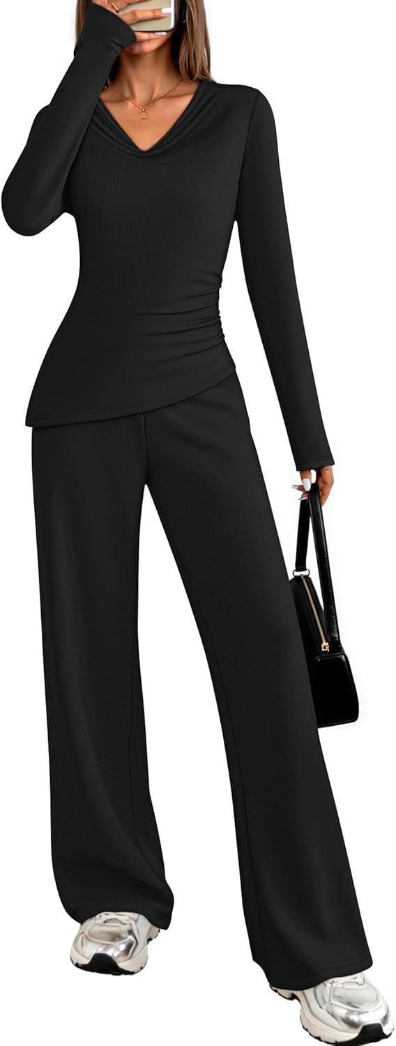 ZESICA Womens 2026 Spring Summer Asymmetrical Lounge Sets Long Sleeve V Neck Top Wide Leg Pants 2 Piece Matching Set Outfit