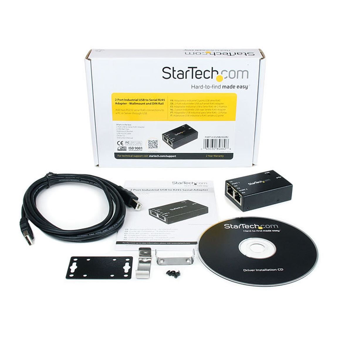 StarTech - ICUSB2322RJ - Adaptateur Industriel 2 Ports USB série RJ45 - Montage Mural + Rail DIN - Noir