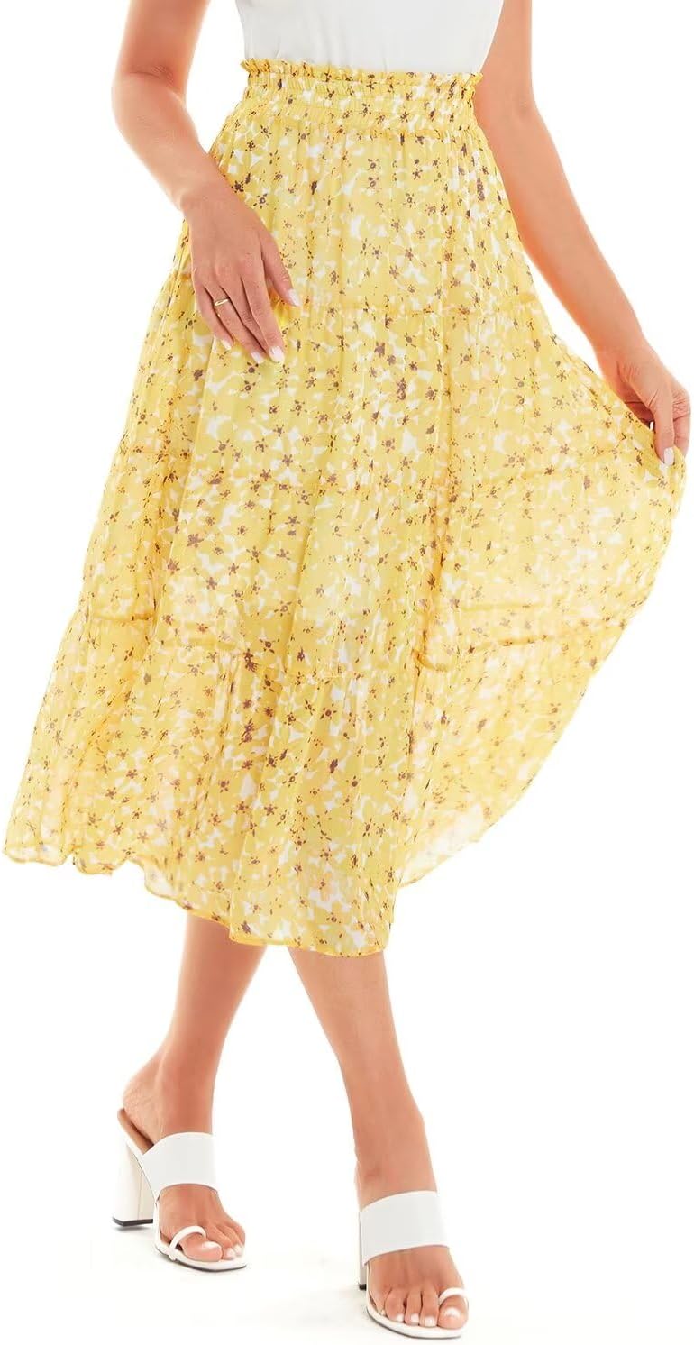 DIASHINY Women’s Boho Printed High Waist Pleated Layered Elastic Waist A Line Long Skirt