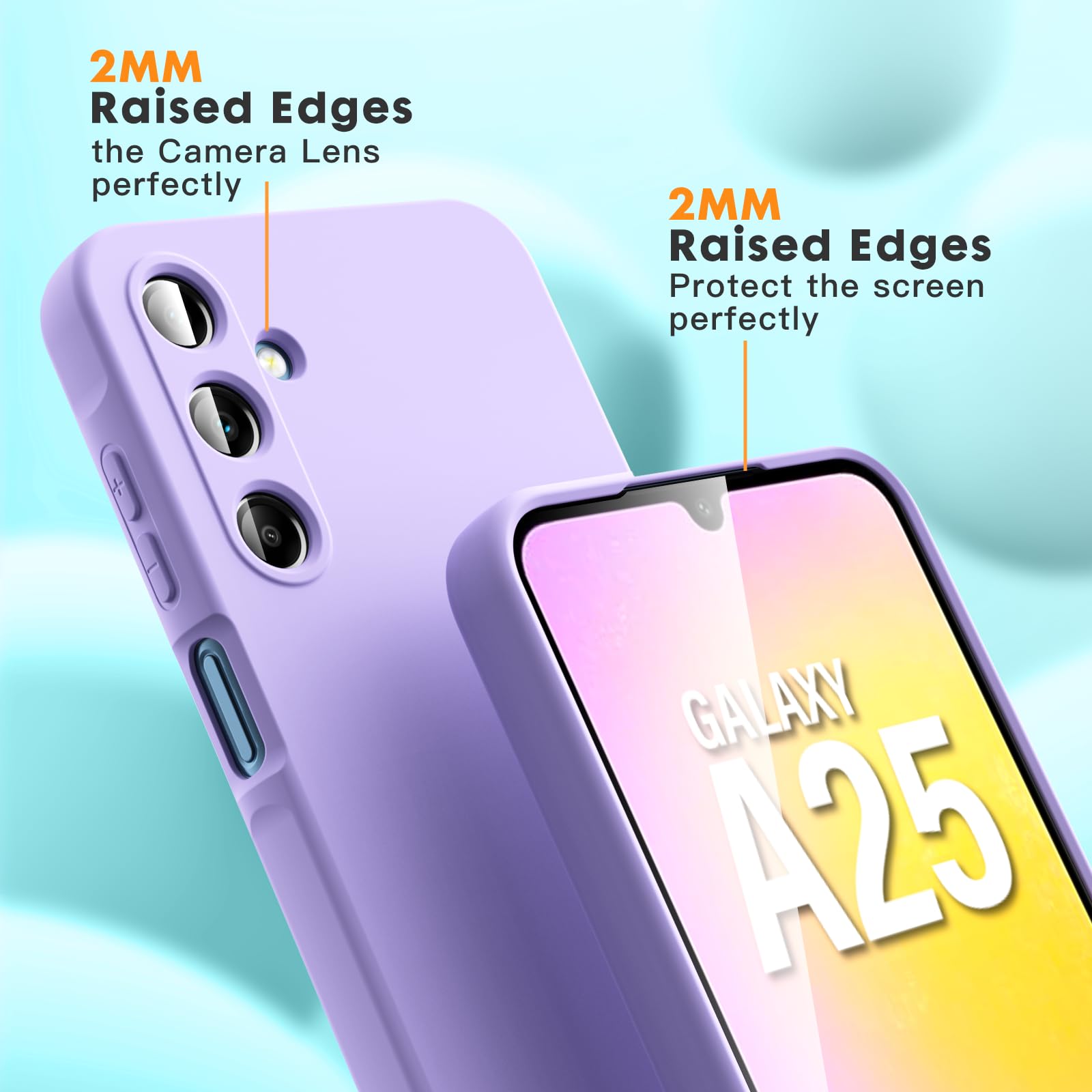 Vansdon Cover Compatibile con Samsung Galaxy A25 5G, 2 Pellicola Protettiva in Vetro Temperato, Gomma Gel di Silicone Liquida Antiurto Custodia - Viola chiaro
