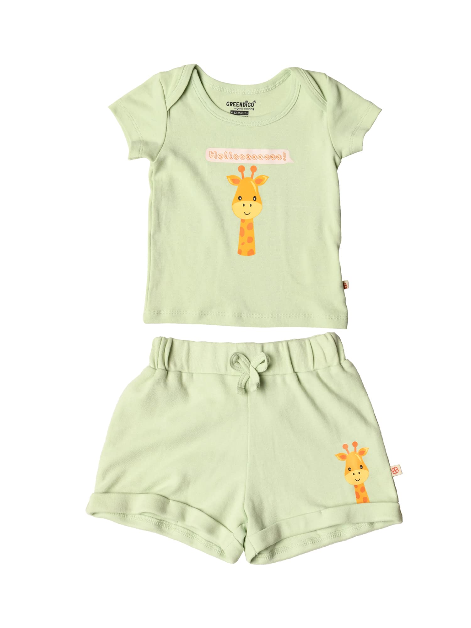 Greendigo Organic Cotton Solid Light Green Half Sleeve Round Neck Tshirt Top and Short Set for Babies