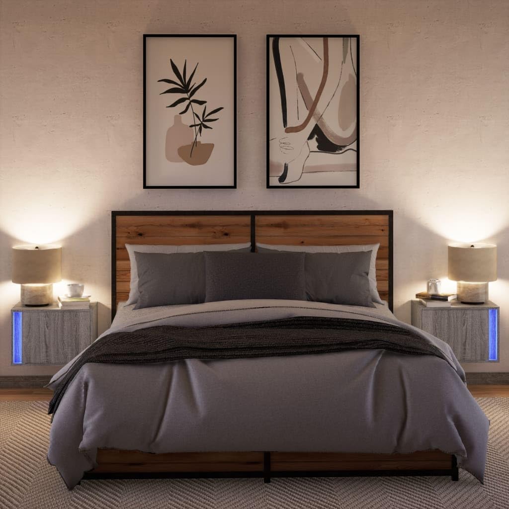 Wandmontage Nachttisch mit RGB LED Beleuchtung und USB Anschluss - Holzwerkstoff Nachttisch mit Schublade, Platzsparendes Schlafzimmer Möbel für Wohnraum