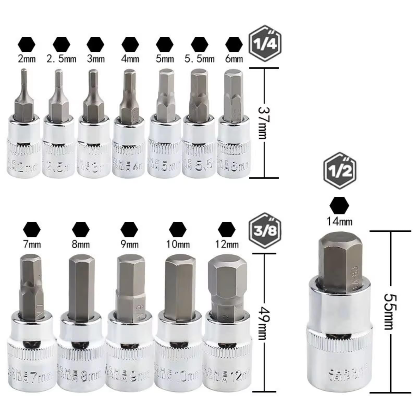 Kit d'outillage mécanique 3/8 "" 1/4 "" 1/2 "" 13 Jeux De Têtes À Manchon Universelles Jeu De Mèches Hexagonales Adaptateur De Foret SAE Et Douilles De Taille Métrique Clé À Douille