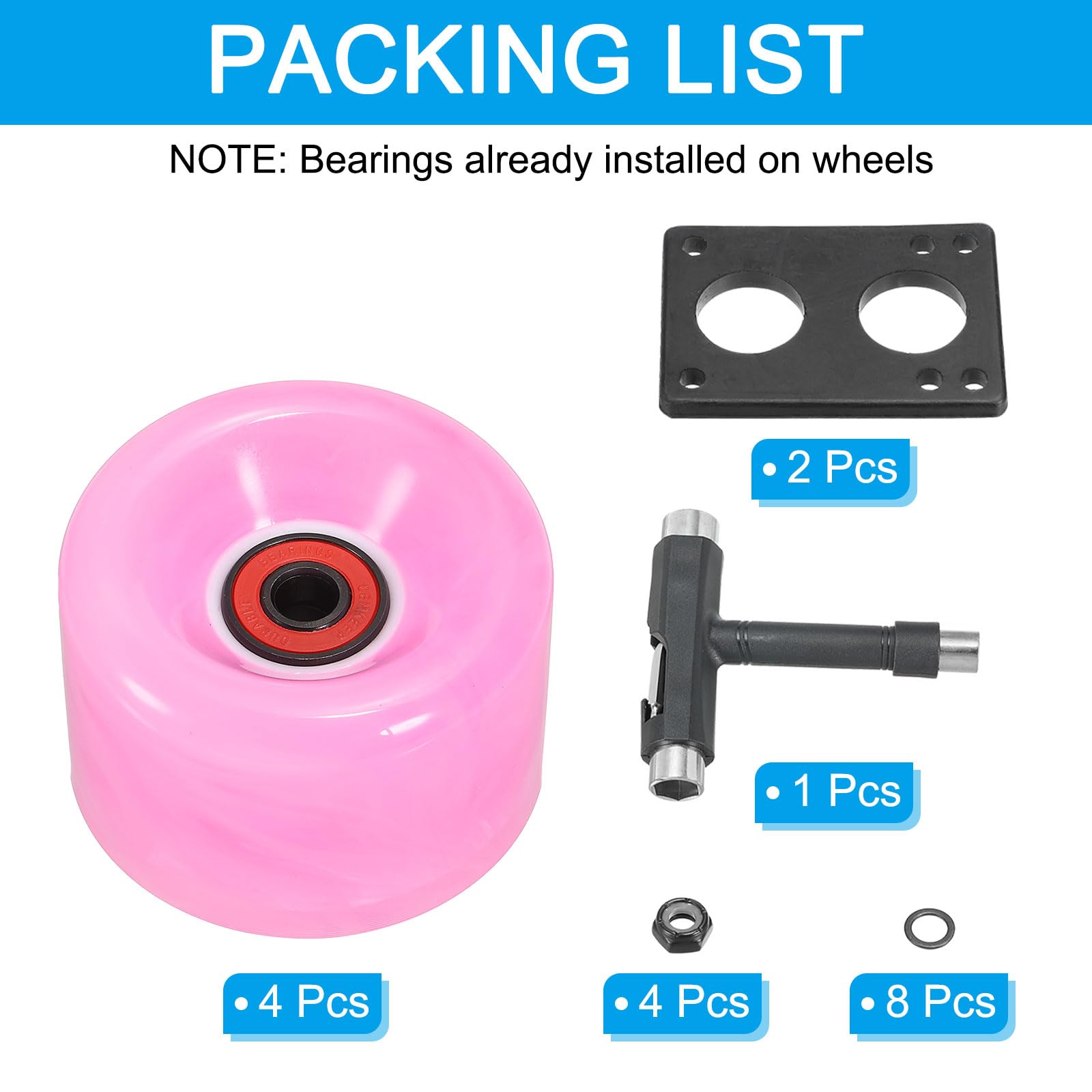 PATIKIL Ensemble de Roues de Patins à roulettes, 4 Pcs 65mm 78A Ensemble de Roues de Skateboard Cruiser Lumineuses avec Roulements Trucks Kit d'Outils pour Patinage Quad Extérieur, Rose