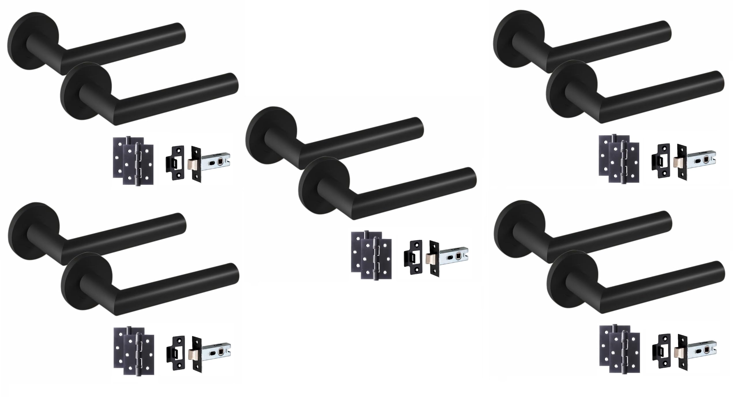Golden Grace Matt Black Finish Mitred Design Door Handles On Round Rose In With 2.5" Tubular Latch & 3" Ball Bearing Hinges, 5 Pairs - 52Mm Diameter