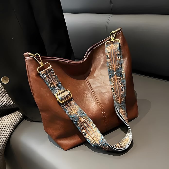 Image of Women's Large Shoulder Tote Bag with Printed Strap for Daily Use