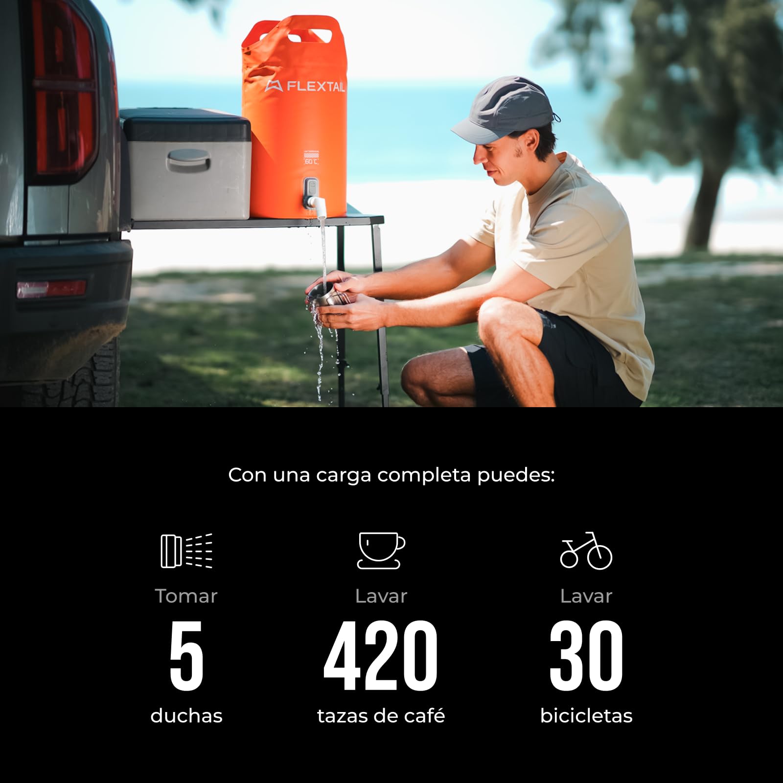FLEXTAILGEAR Ducha Portátil Camping Cubo 20L Bomba Eléctrica 2500mAh Dos Velocidades Kit Ducha Exterior Impermeable IPX7 para Senderismo Viajes Coche y Limpieza de Mascotas