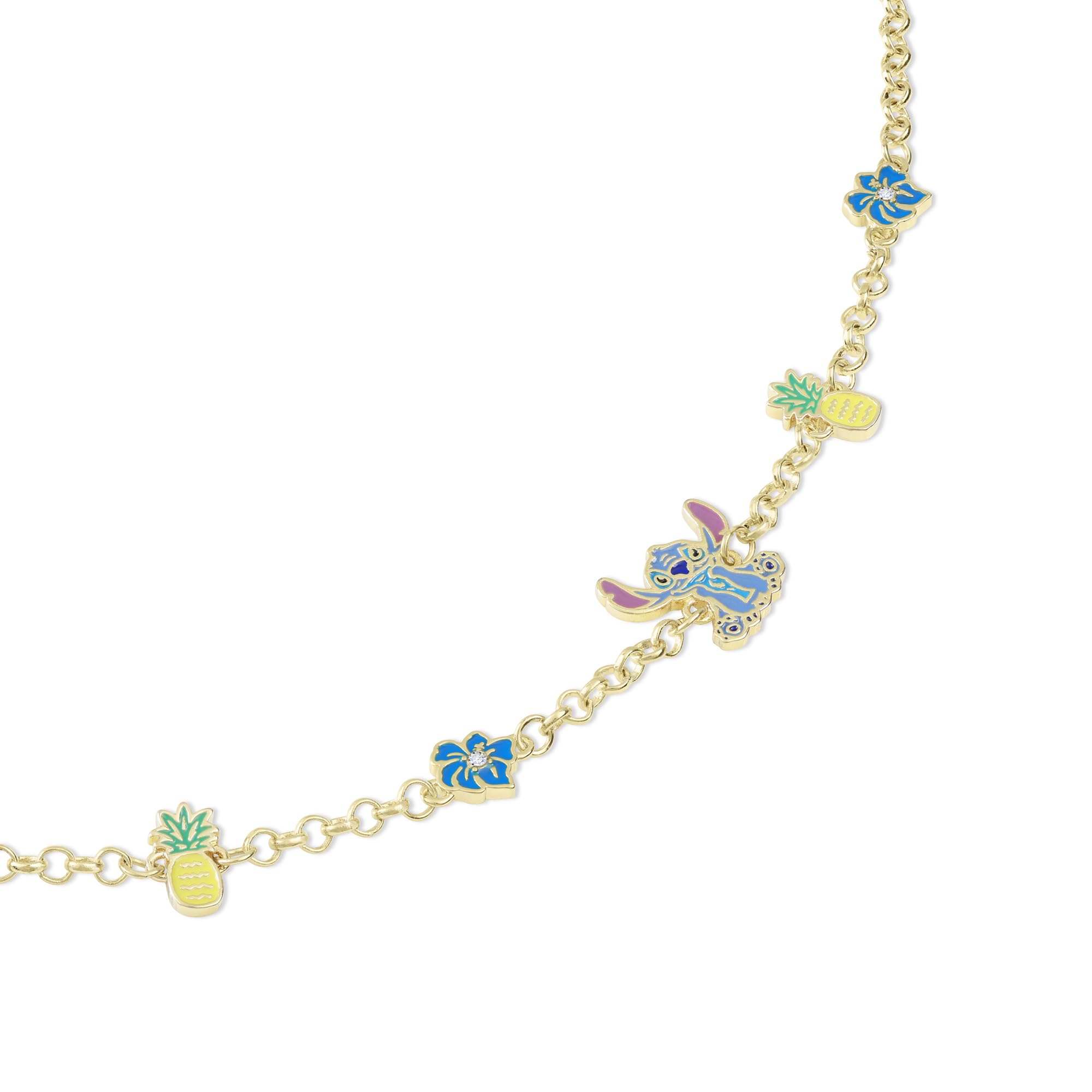 Disney Stitch Girls - Bracciale con catena regolabile placcato oro con ciondolo di piña e fiore
