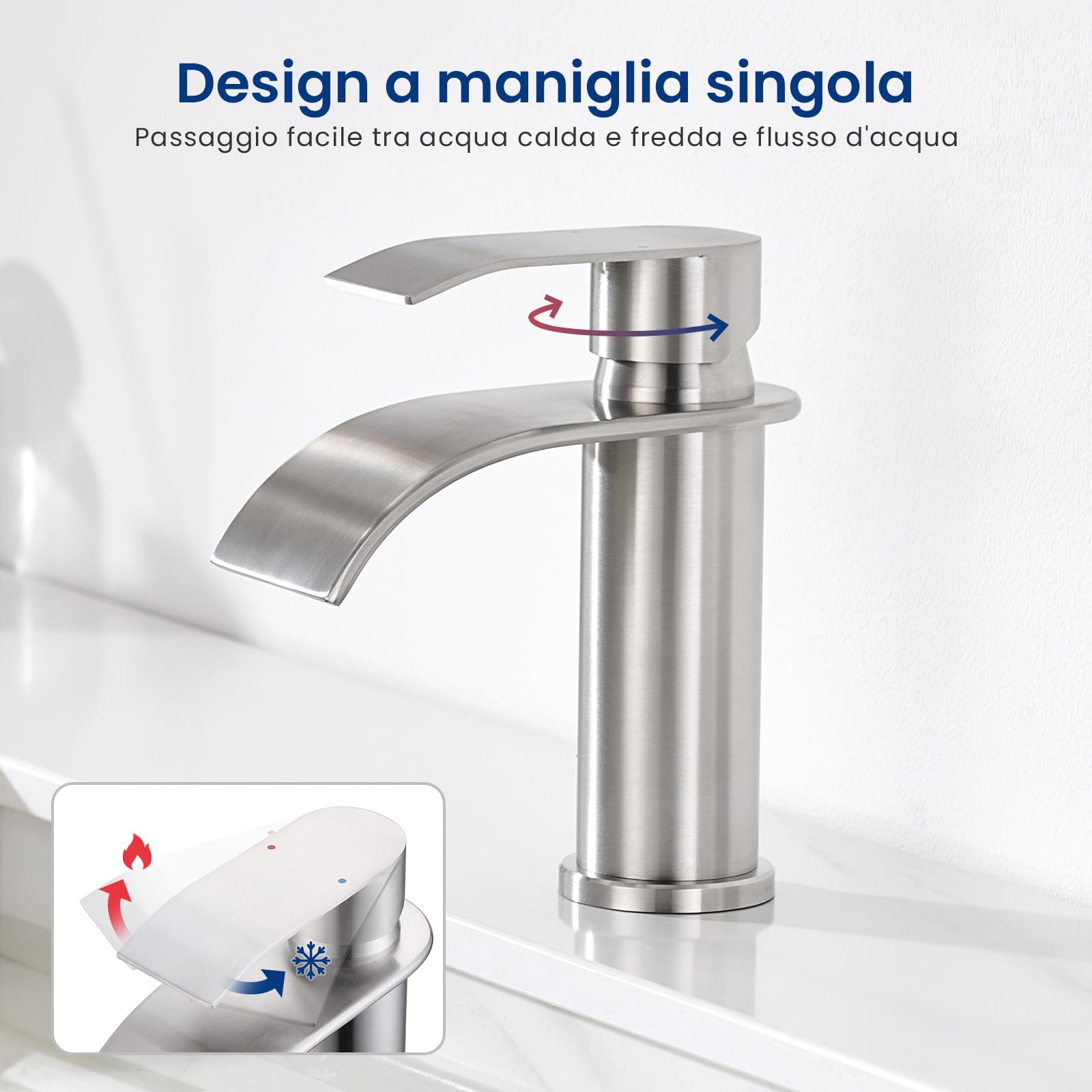CECIPA Rubinetto Bagno Lavabo Spazzolato a Cascata, Miscelatore Lavabo con Becco Altezza 8,6cm, Rubinetto Lavandino Bagno in Acciaio Inox 304