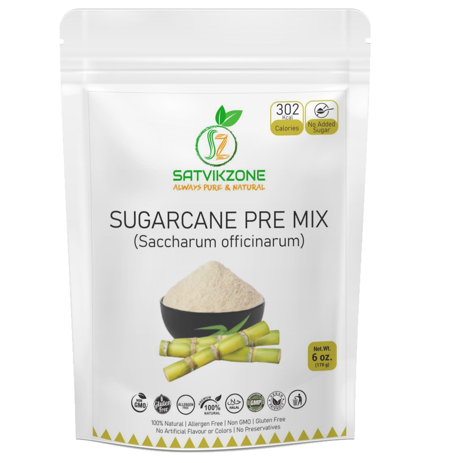 Sugarcane Premix Powder,100% Natural,Vegan Friendly,No Added Sugar,No Artificial Flavors/Colors/Preservatives,Non-GMO,Eco-Friendly Standup Resealable Pouch,6 Ounce