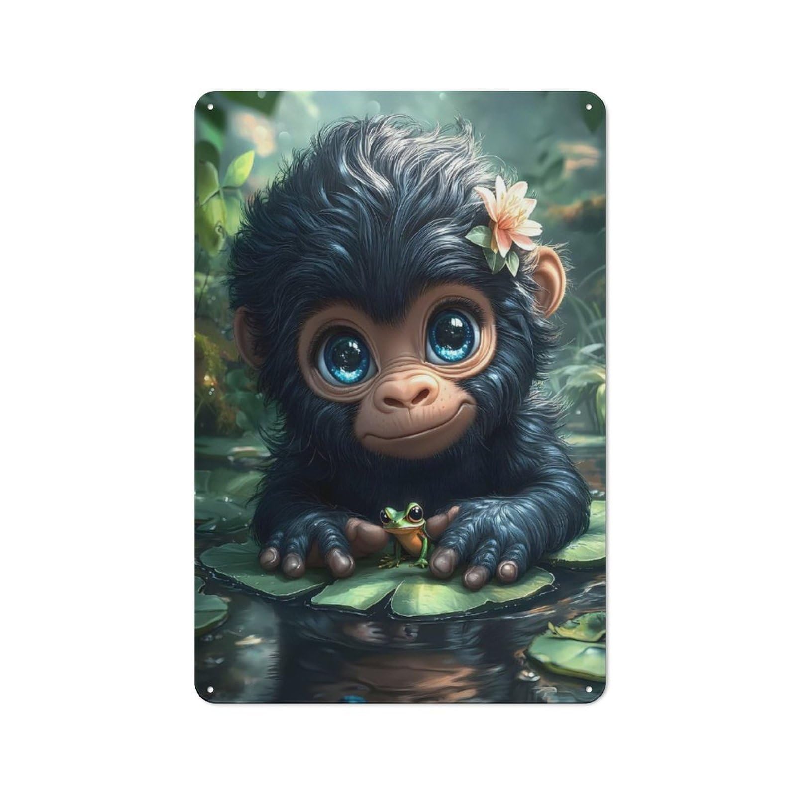 Tin Wall Plaque 30x20cm with Cute Monkey with Frog on Lilypad for Living Room Or Hallway, A Decorative Christmas Gift for Home Wall Decor Collectors