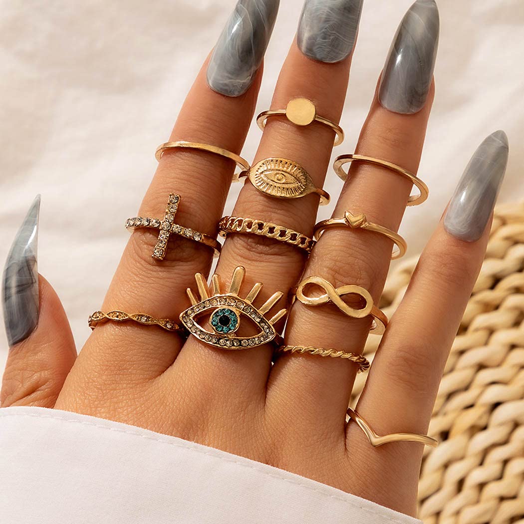 Boho Crystal Forever Rings Gold Cross Coin Knuckle Ring Set