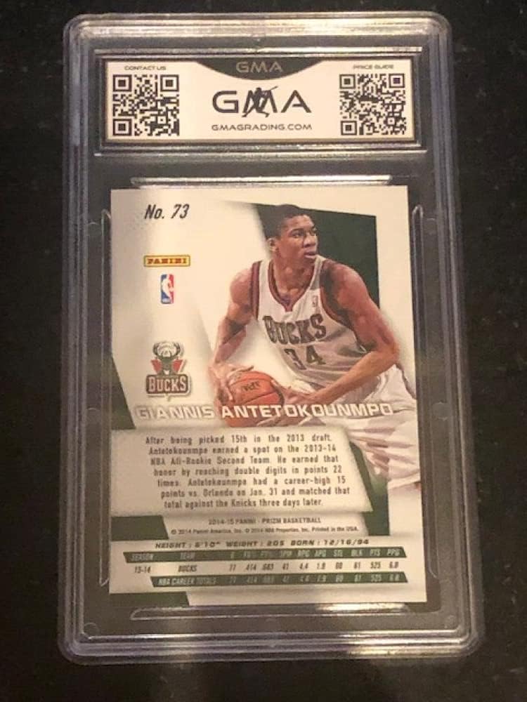 2014-15 Prizm Basketball #73 Giannis Antetokounmpo 2ND YEAR Milwaukee Bucks Graded GEM MINT GMA 10 Official NBA Trading Card by Panini America