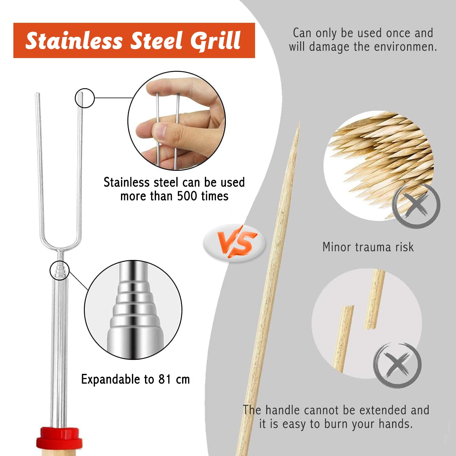 Marshmallow Spiedini telescopici, 8 Pezzi Bastoncini per arrostire Marshmallow, Forchettone Barbecue Spiedini Acciaio Espandibile 31-81cm, Forchette per Tostare Marshmallow, per Campeggio Falò