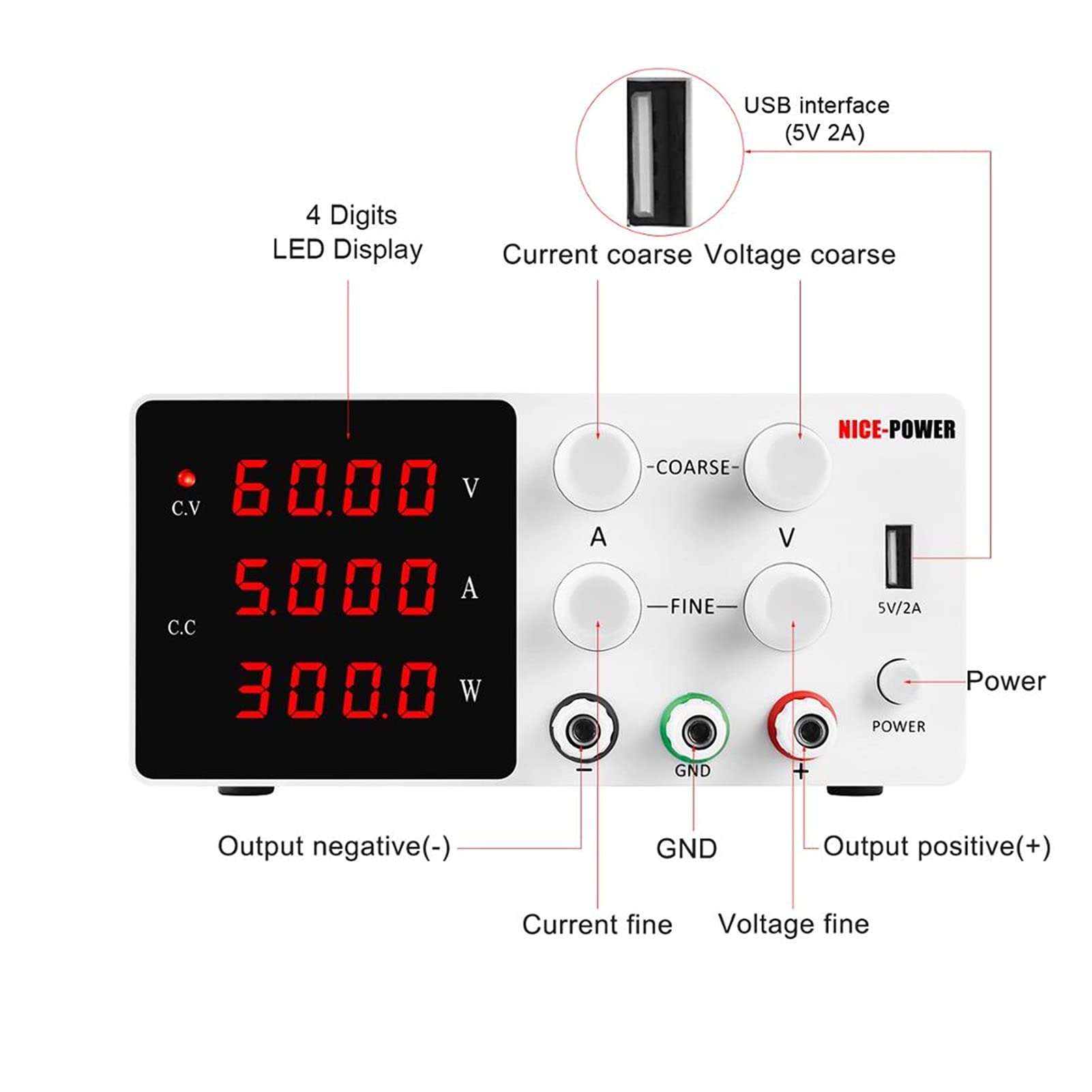 Fuente de Alimentación 6 0V 5A 10A DC Fuente de alimentación Laboratorio ajustable energía digital 3 0v 10a 20a for la reparación del teléfono + protección cortocircuito(60V 5A)