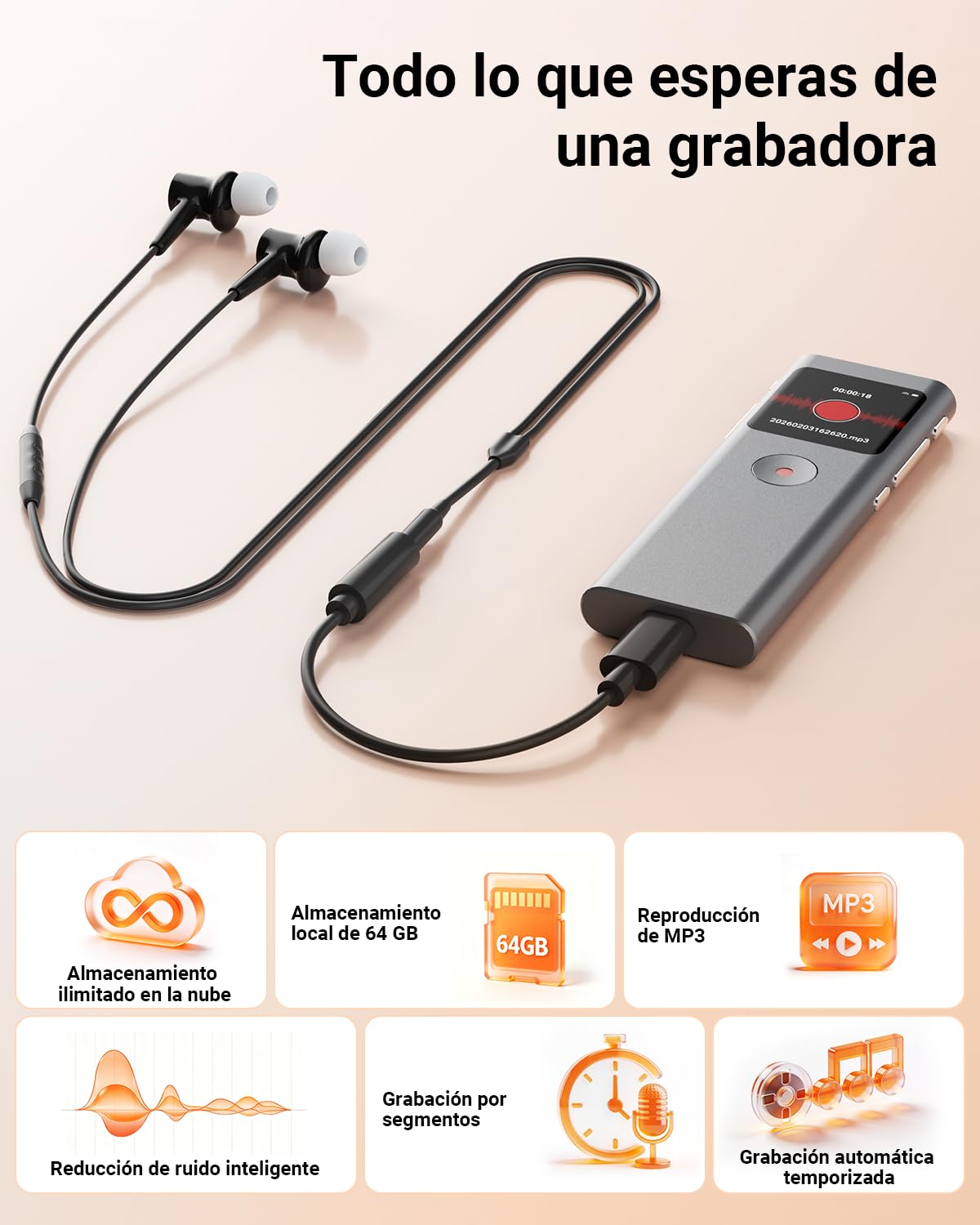 Grabadora de Voz IA con Transcribe y Resume con tecnología, 64 GB Voice Recorder Digital con Activada por Voz, Control de App, Reducción de Ruido Automática para Entrevista/Clase/Reunión