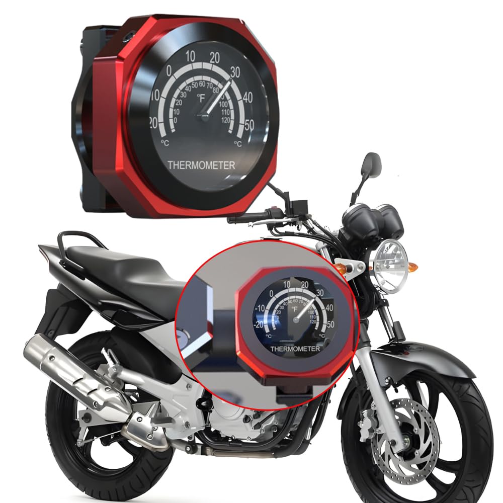 Riloer Motorrad-Lenkerthermometer, wasserdichte Temperaturanzeige aus leuchtender Legierung; Kompatibel mit Yamaha, kompatibel mit Kawasaki, kompatibel mit Suzuki, kompatibel mit Honda, schwarz rot