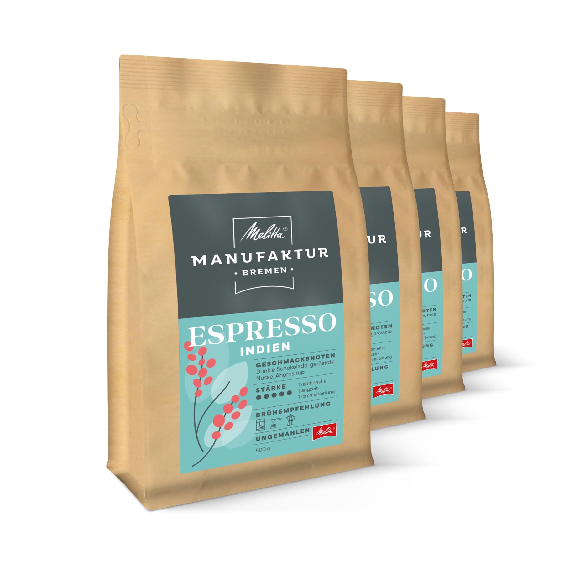 Melitta Manufaktur-Kaffee Espresso Spezialitäten-Kaffee, 4 x 500g, ganze Kaffee-Bohnen, ungemahlen, Single-Origin-Farm-Kaffee aus Indien, geröstet in Deutschland, Stärke 5, im Tray