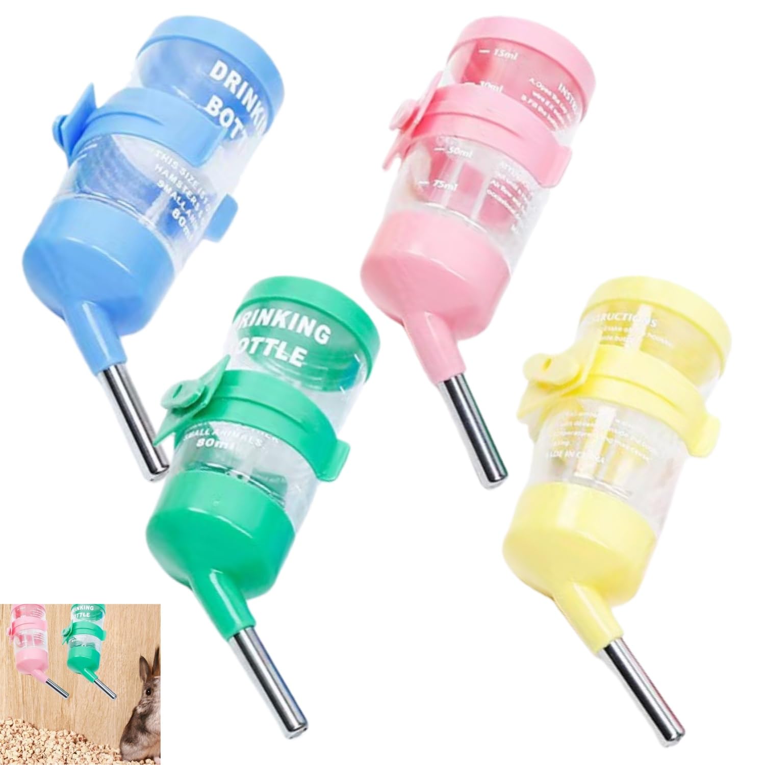 Drinker for Rodents, 4 Pieces Drinkers Rabbits Anti-Drip Hamster Accessories for Cages, Drinker for Small Animals, for Rodents Rabbits Hamster Guinea Pig Chinchillas Hedgehogs and Squirrels