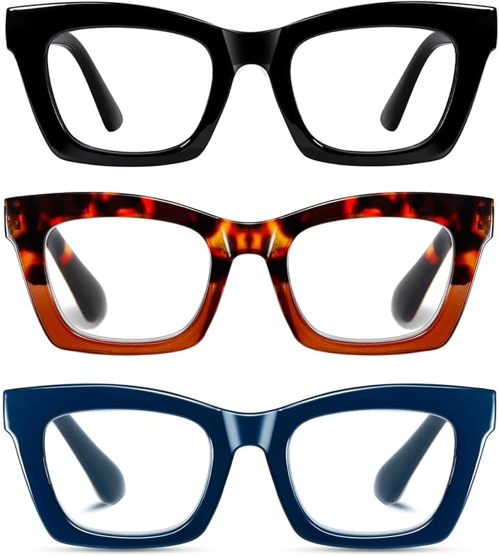 Hubeye Gafas de lectura para Mujeres de Moda Anteojos de lectura con Bisagra de resorte ultraligeras anti luz azul (Negro+Leopardo+Azul, 2.00)