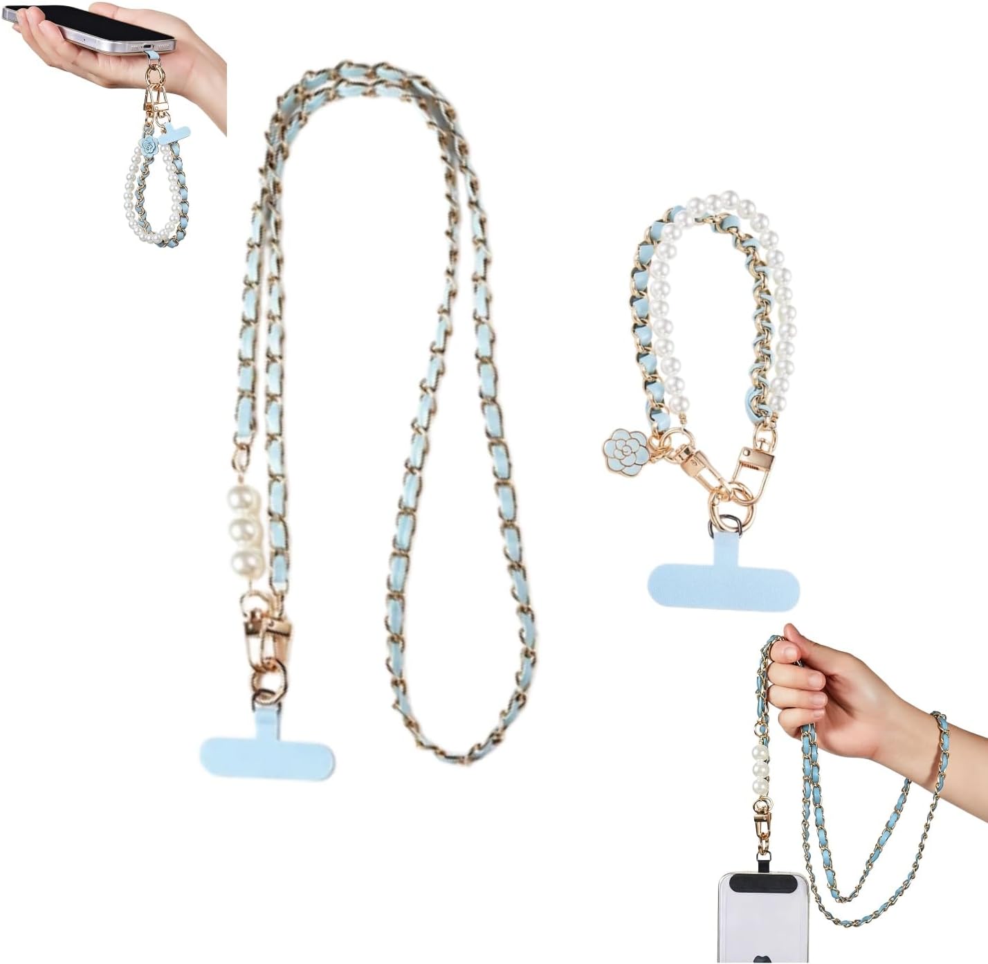 2 pcs Blue Crossbody Anti-Theft Phone lanyards, Pearl Phone Straps | Anti-Theft Crossbody, Pearl Leather Phone Strap, Cell Phone Neck Holder