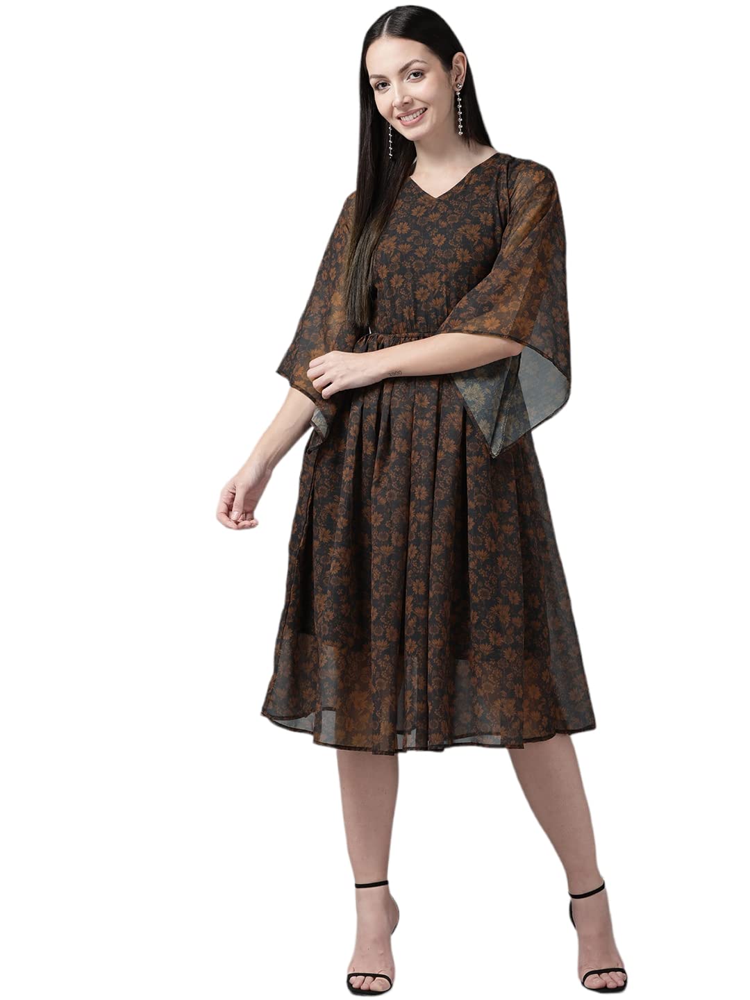 Aarika Women's Georgette Skater Knee-Length Dress (Dr-Aw-028_Brown