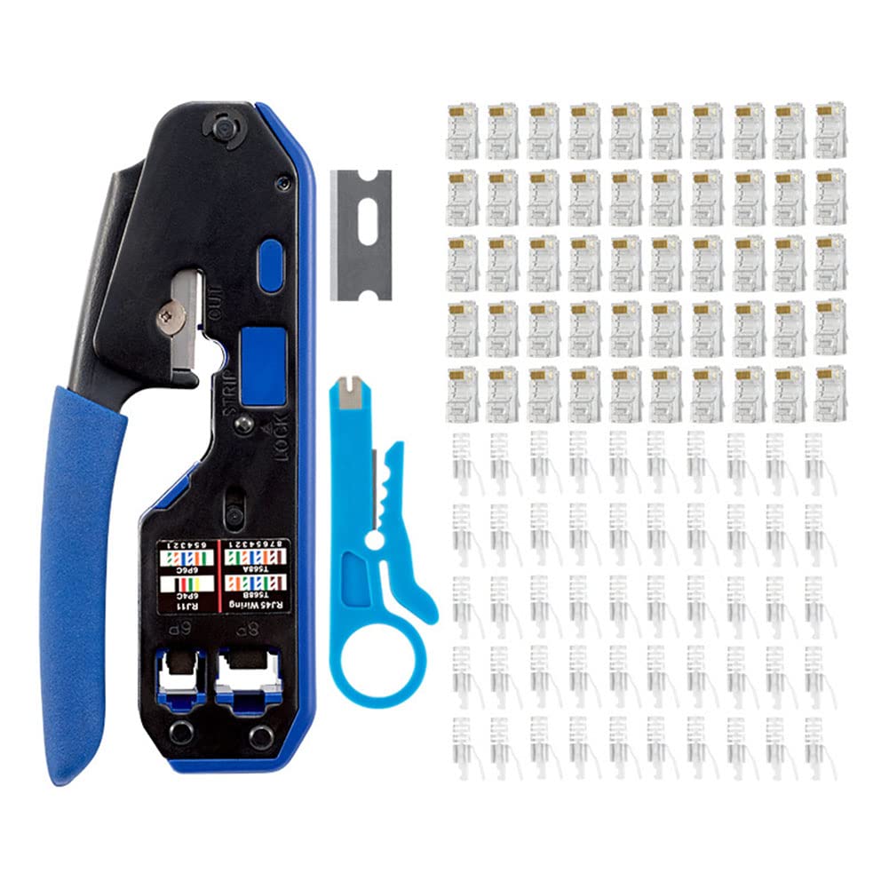 RJ45 Crimp Tool Kit, CAT5 CAT5e CAT6 Ethernet Crimper Modular Data Cable Stripper Cutter for Standard RJ11/RJ12 and RJ45 Connectors (Crimper with