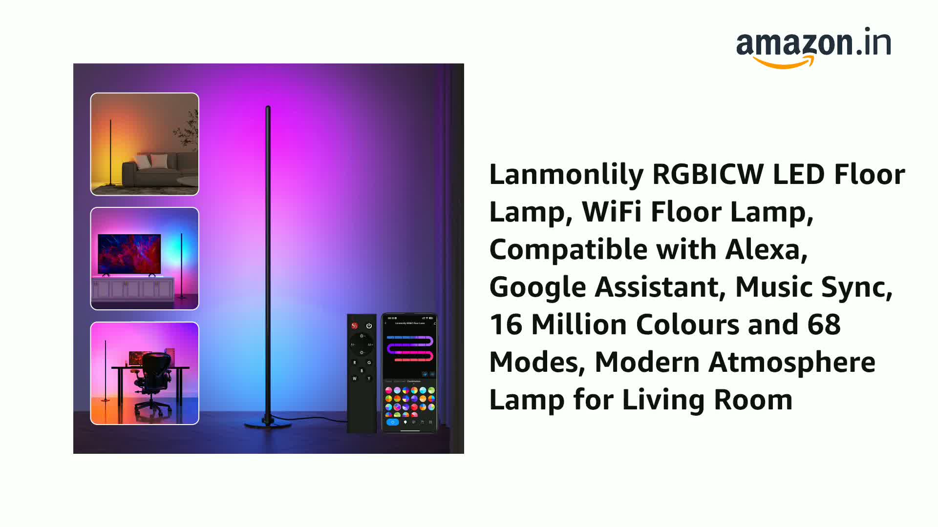Smart Vloerlamp LED Wifi – Full Color LED – Alexa, Google, App, geluid & Afstandsbediening – 160 cm hoog – Zwart