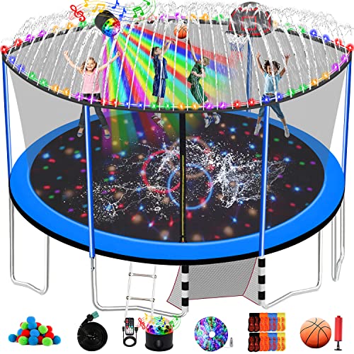 Yoluckea 1500LBS 10 12 14 15 16FT for Adults and Kids with Sprinkler, Lights, Basketball Hoop, Waterballs, 16 Socks, Outdoor Heavy Duty Recreational with Enclosure Net, Ladder, 16 FT Trampoline Blue