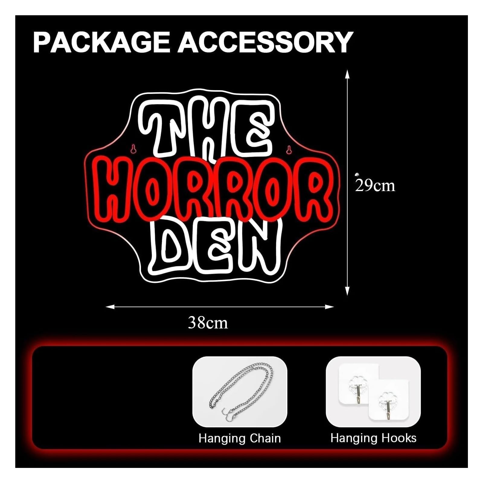 Insegna al Neon LED Insegna Al Neon The Horror Den Con Luce LED Dimmerabile Tramite USB Per Decorazioni Horror, Feste, Club, Sala Giochi, 38cmx29cm