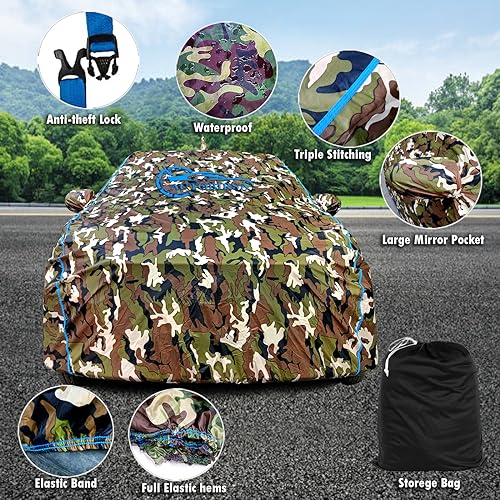 Image of Waterproof Car Body Cover Compatible with Mahindra Scorpio N Z8 Diesel at Mirror Pocket and Antenna Pocket, Triple Stitched (Jungle Print with Blue Piping Design)