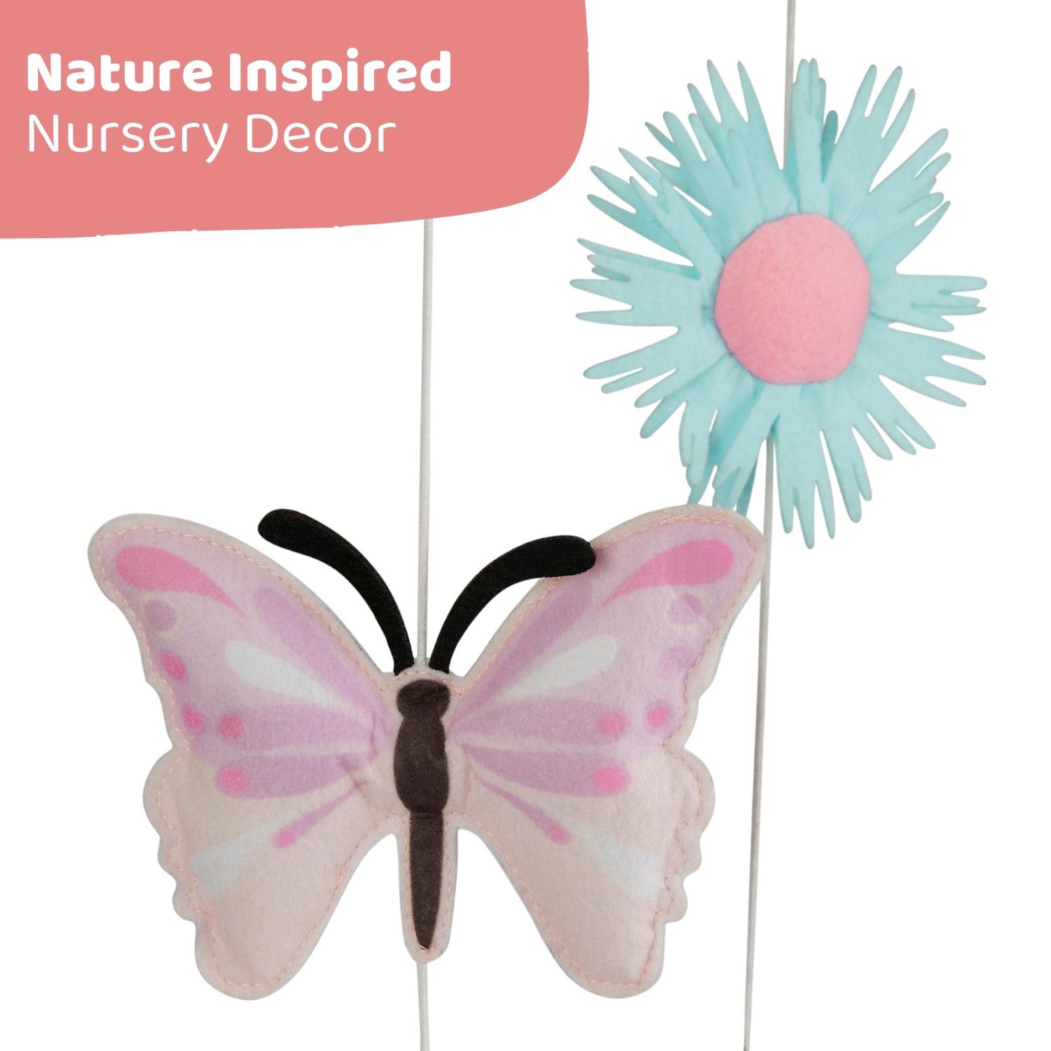 Haus and Kinder Butterfly Garden Crib Mobile - Set of 1 | Baby Nursery Mobile with Butterflies & Flowers | Soft Cotton & Wooden Ring, Pastel Colors, Soothing Motion | Non-Toxic Height 64cm 2